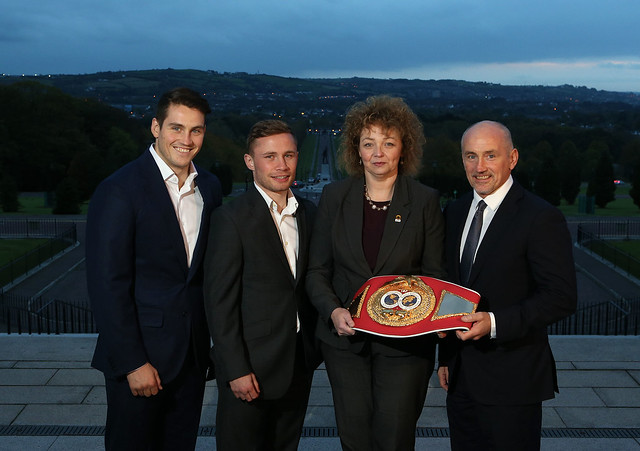 Sports Minister Carál Ní Chuilín pictured along with Carl Frampton at Parliament Buildings along with Barry and Shane McGuigan.