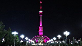 Independence Monument in Ashgabat at night, Pink