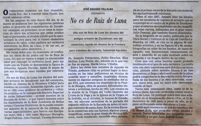 No es Ruiz de Luna. Artículo de José Aguado aclarando la autoría de la cerámica de los urinarios de Zocodover. ABC