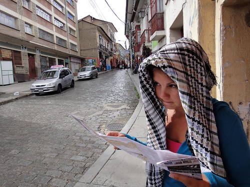 Wendy figuring stuff out while it's raining in La Paz, Bolivia