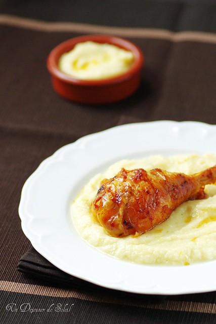 Roasted chicken, mashed cauliflower with orange and cheese