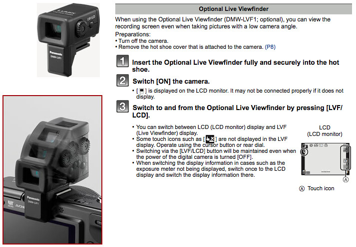Page 196 of the Panasonic GF2 Manual (Advanced) -- Using the Panasonic DMW-LVF1 external viewfinder on the GF2