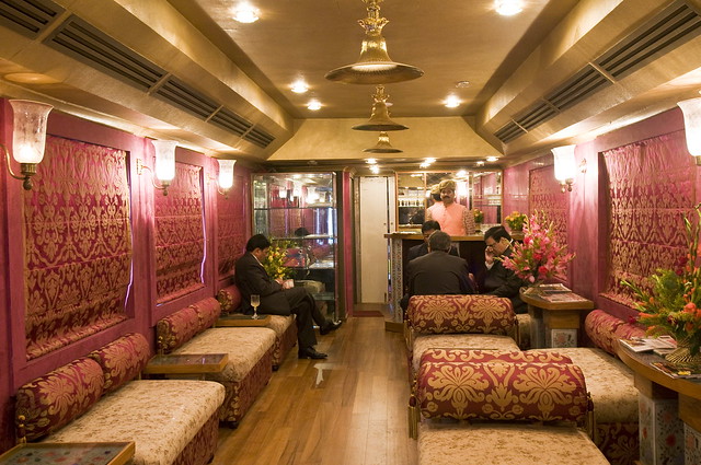 Recreating the opulence of princely travel and gracious hospitality: Lounge bar on board Royal Rajasthan on Wheels