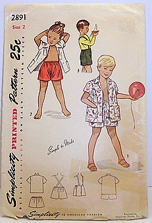 Simplicity 2891 Vintage 40's Sewing Pattern Boys and Girls Shirt, Pull-On Shorts, Beach Coat and Suspenders