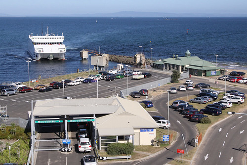 Overview of the Queenscliff ferry terminal, with MV Queenscliff arriving