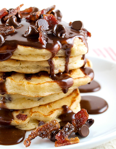 Chocolate Chip and Candied Bacon Pancakes with Nutella Maple Syrup