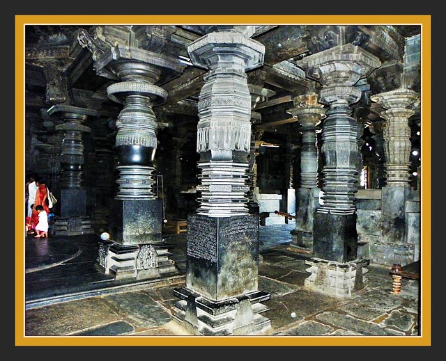 Carved Pillars inside Chennakesava temple - Belur