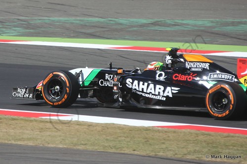 Sergio Perez in his Force India during Free Practice 1 at the 2014 British Grand Prix