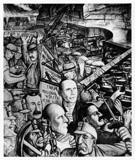 Panel from Diego Rivera's mural at Unity House, depicting class struggle and labor conflict in industry.  Included are representations of the Homestead and Pullman strikes.  Important figures include Daniel De Leon, Eugene Victor Debs, and William Haywood