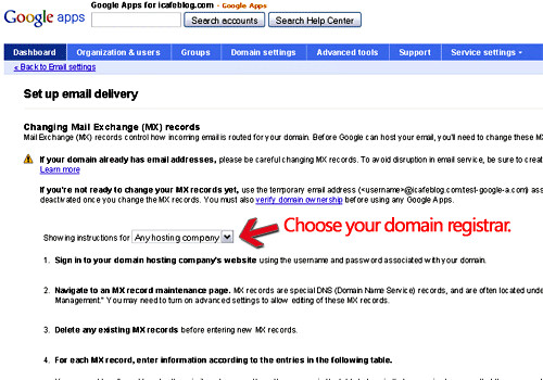Google Apps Set up Email delivery - Select your domain registrar - blankpixels.com