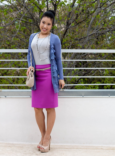 urban outfitters ruffle cardigan j. crew double serge pencil skirt in bright dahlia aldo withey nude pumps ann taylor skinny belt yesstyle chanel quilted purse