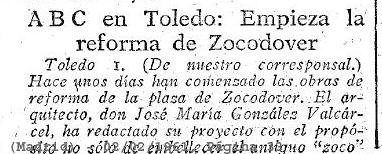 Anuncio de las Obras de reforma de Zocodover en 1961 escrito por Luis Moreno Nieto en ABC