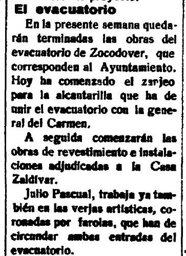 3-3-1926 El Castellano anuncia el fin de las obras de los urinarios de Zocodover