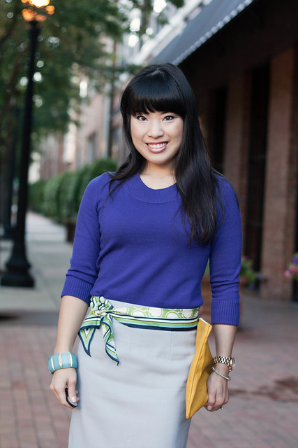 purple sweater j. crew wool crepe pencil skirt cool dusk bakers blue suede pumps scarf belt american apparel carry-all pouch