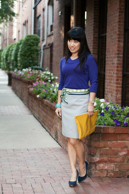 purple sweater j. crew wool crepe pencil skirt cool dusk bakers blue suede pumps scarf belt american apparel carry-all pouch
