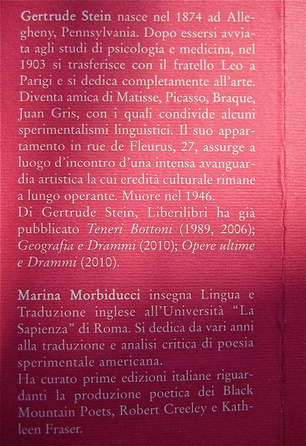 Gertrude Stein, Sollevante pancia, liberilibri 2011, [responsabilità grafiche non indicate]; risvolto della q. di copertina (part.), 1