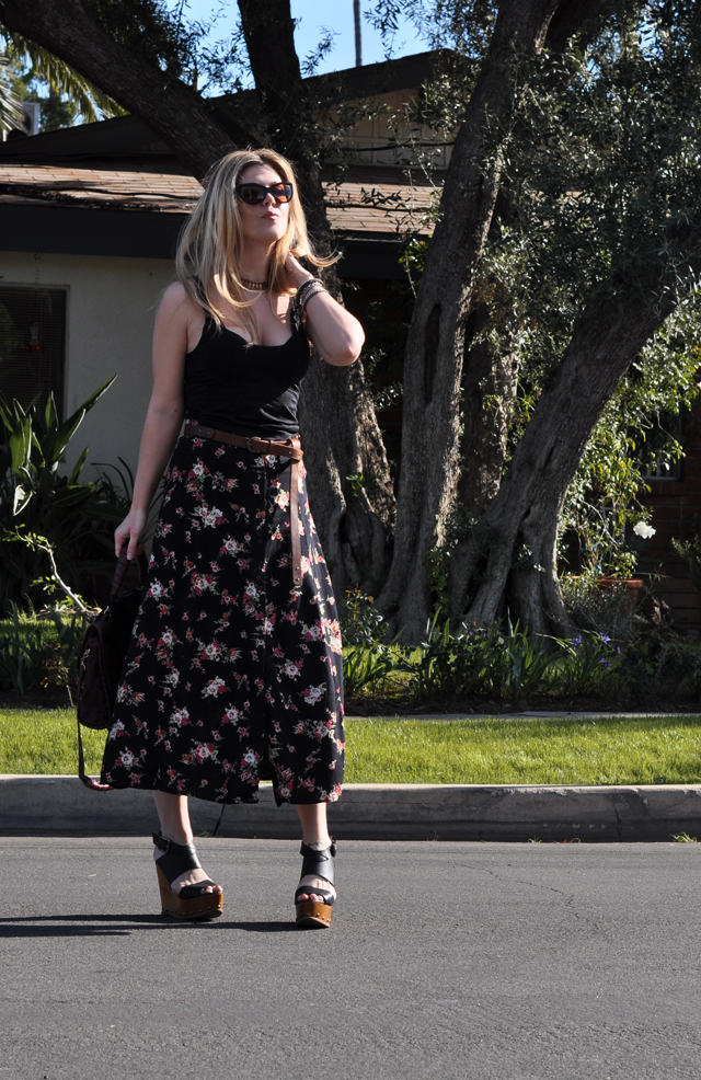 long floral vintage skirt with tank and belt and wood wedges