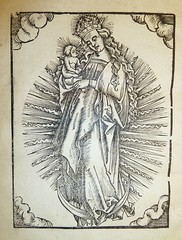 Woodcut of the Virgin Mary as Queen of Heaven with the Christ Child, with artist's(?) monogram at foot of image. Used by Wolfgang Stoeckel.