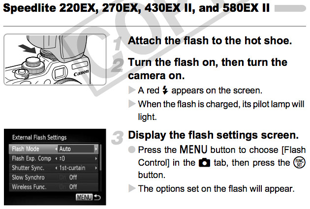 Using an externally mounted Canon Speedlite flash, as documented on pages 180 and 181 of the Canon G12 Manual