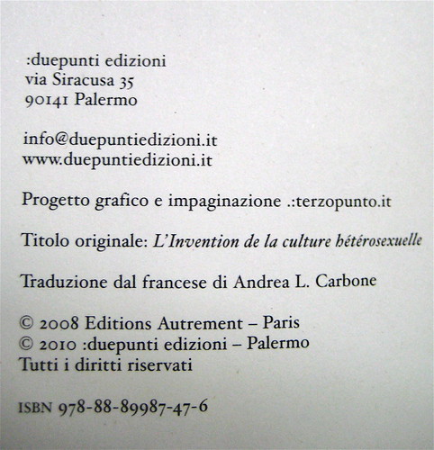 Louis-Georges Tin, L'invenzione della cultura eterosessuale, .due punti edizioni 2010; progetto grafico e impaginazione: .:terzopunto.it; colophon (part.), 1
