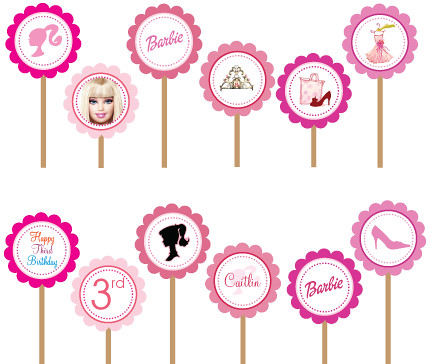 Barbie Silhouette Hot Pink Girly- Printable DIY Party Circle Cupcake Toppers