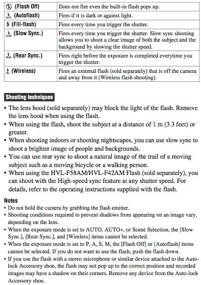 Flash photography instructions on pages 96 through 99, 104 and 105 of the Sony A55 Manual