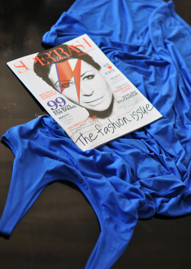 blue maxi dress and supertrash magazine