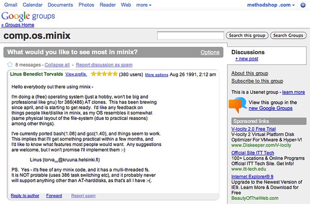 Linux History: Screenshot Of The Original Usenet Page Where Linux Was First Announced.