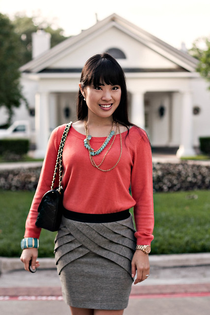 hm coral sweater urban outfitters panelled skirt forever 21 mint necklace bcbgeneration buckle pumps chanel m/l flap purse