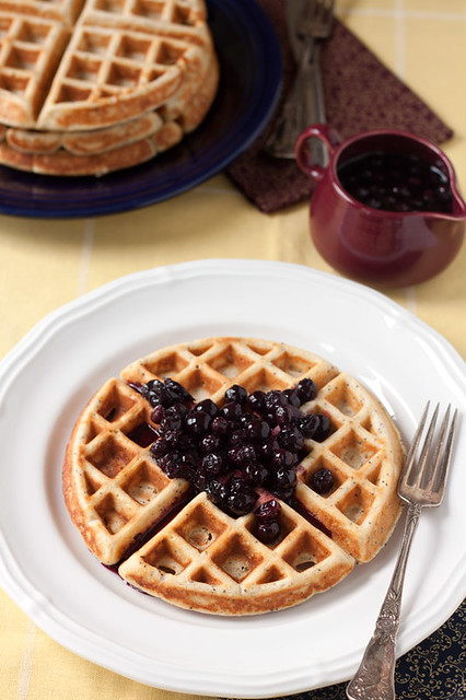 Lemon Poppy Seed Waffles with Blueberry Syrup