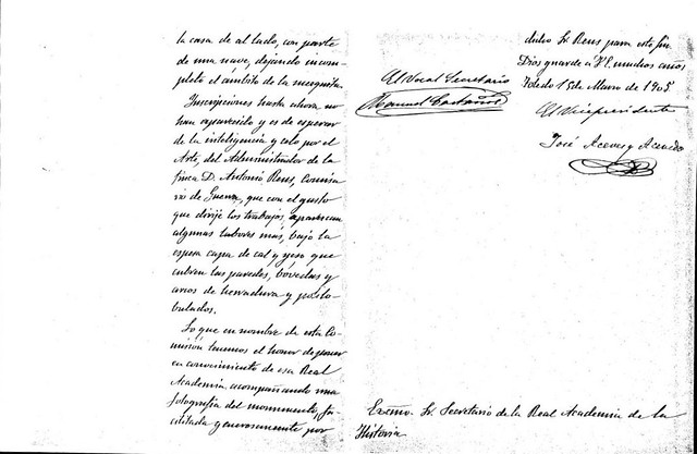 Comunicación del hallazgo de la mezqita de Tornerías por la Comisión de Monumentos de Toledo. Firmada por José Acéves y Acevedo y Manuel Castaños Montijano.  15 de marzo de 1905