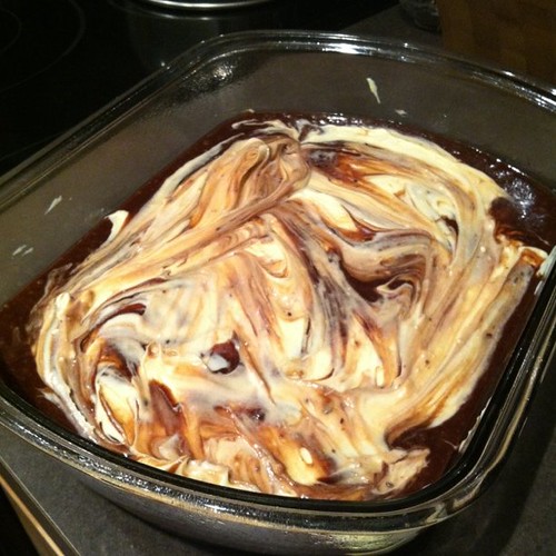 Cheesecake brownies going in the oven!