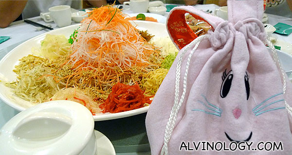 Fa Cai Yu Sheng and a bunny bag of oranges greeted us at our table when we sat down