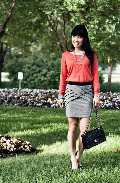 hm coral sweater urban outfitters panelled skirt forever 21 mint necklace bcbgeneration buckle pumps chanel m/l flap purse