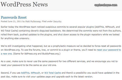 Security Advice From WordPress : Reset Your Password Now!