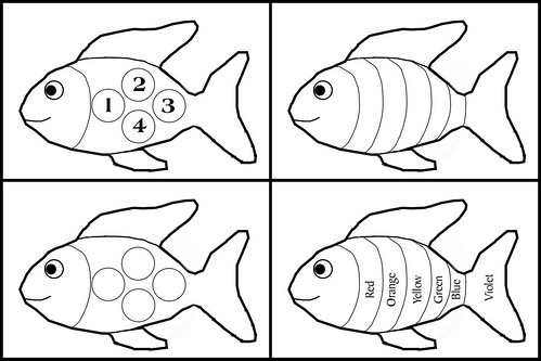 Four plain paper fish that haven't been colored in rainbow colors