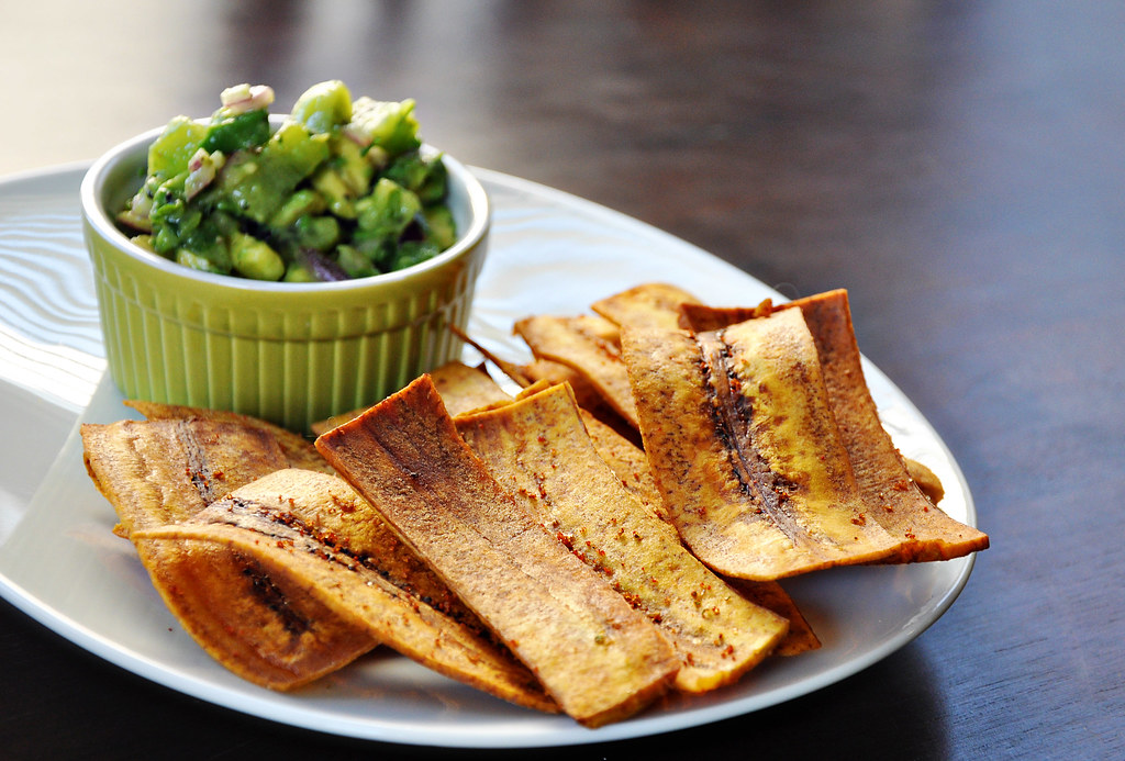 Fried Plantain Chips with Avocado Kiwi Salsa