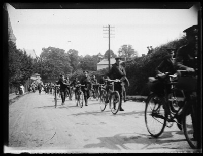 'Parade Of Soldiers Marching With Bikes', about 1914