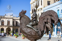 A naked woman on a giant Rooster in Havana.