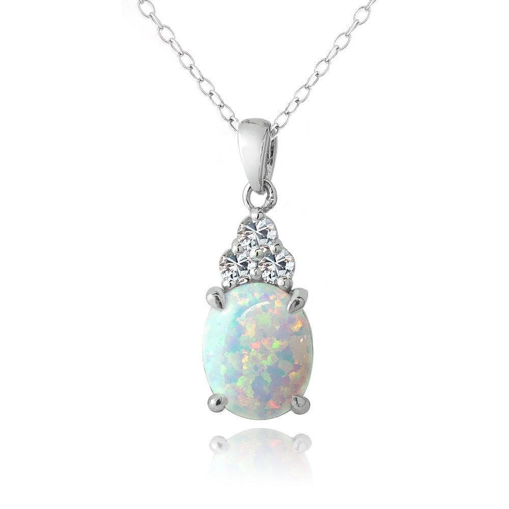 Sterling Silver Created White Opal & White Sapphire Oval Necklace | eBay