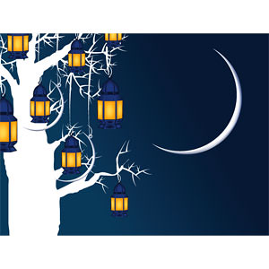Vector Eid Mubarak Card Moon lantern on tree