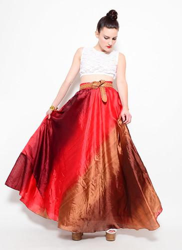 red brown vintage silk skirt ombre 70s hippie gypsy striped maxi fullskirt pompomvintage shoppompomvintage