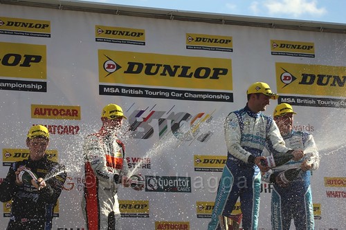 Colin Turkington, Gordon Shedden and Jason Plato on the podium during the BTCC Brands Hatch Finale Weekend October 2016