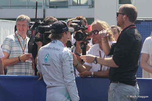 Nico Rosberg in the media pen after qualifying for the 2014 German Grand Prix