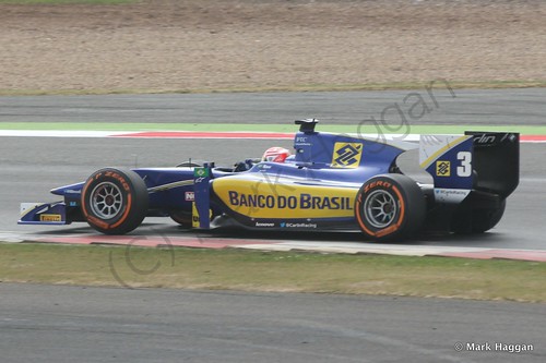 Felipe Nasr in his Carlin during the first GP2 race at the 2014 British Grand Prix weekend