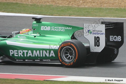 Rio Haryanto in his EQ8 Caterham during the first GP2 race at the 2014 British Grand Prix weekend