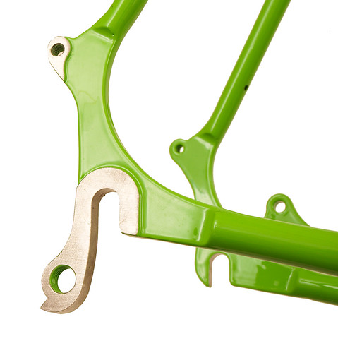 <p>Rear dropout detail of Waterford 22-Series Disc Touring in Big Bad Green with Black Masked Lugs.  Laser machined from stainless steel, this dropout design has lots of clearance for brake calipers and offers excellent corrosion protection.</p>