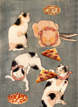 Pizza Cats, after Utagawa Kuniyoshi