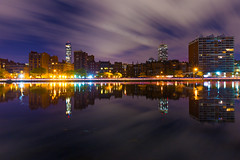 Storrow Lagoon Reflection of Clouds over Back Bay Boston Skyline with Brownstones, Hancock Tower, and Prudential Tower - Boston, Massachusetts USA