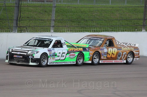 Michael Smith with Scott Bourne close behind in Pick Up Truck Racing, Rockingham, Sept 2015